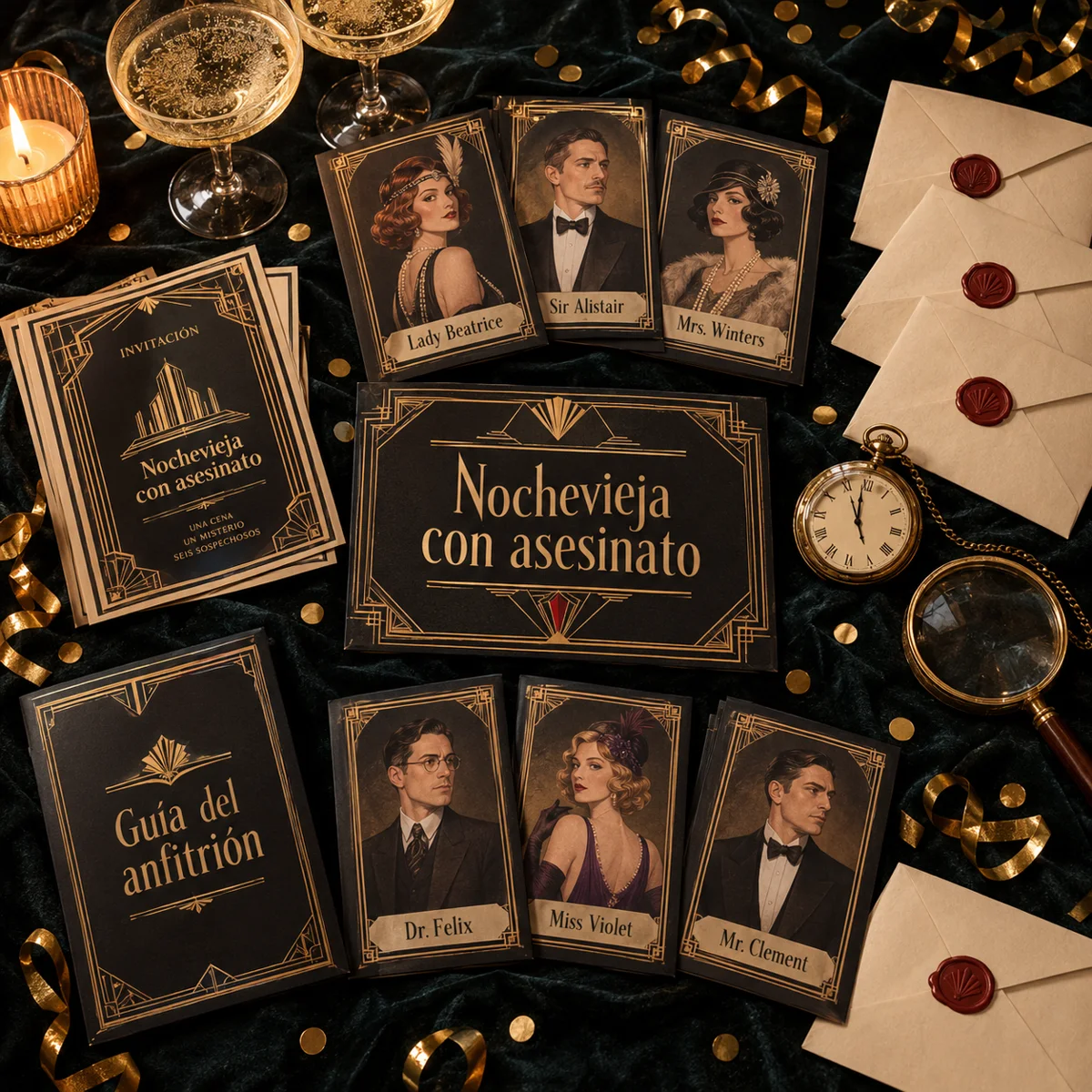El kit Nochevieja con asesinato: invitaciones, personajes, pistas y guía