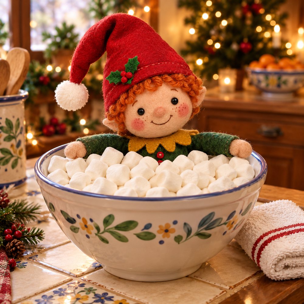 Notte 2: l'elfo fa il bagno in una ciotola piena di marshmallow